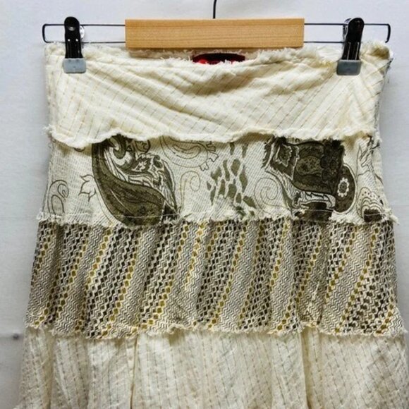 Tokyo Denim Bank Midi Skirt Women's Medium Beige Gold Lined Layered Boho Western - Picture 2 of 10